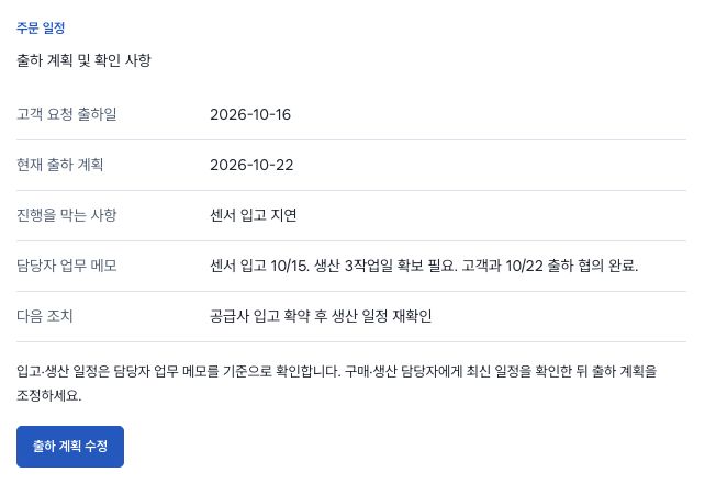 SO-1042 납기 검토 화면. 요청 출하일과 현재 계획, 센서 입고 지연, 담당자 업무 메모와 다음 조치를 함께 확인하고 출하 계획 수정 버튼으로 이동합니다.